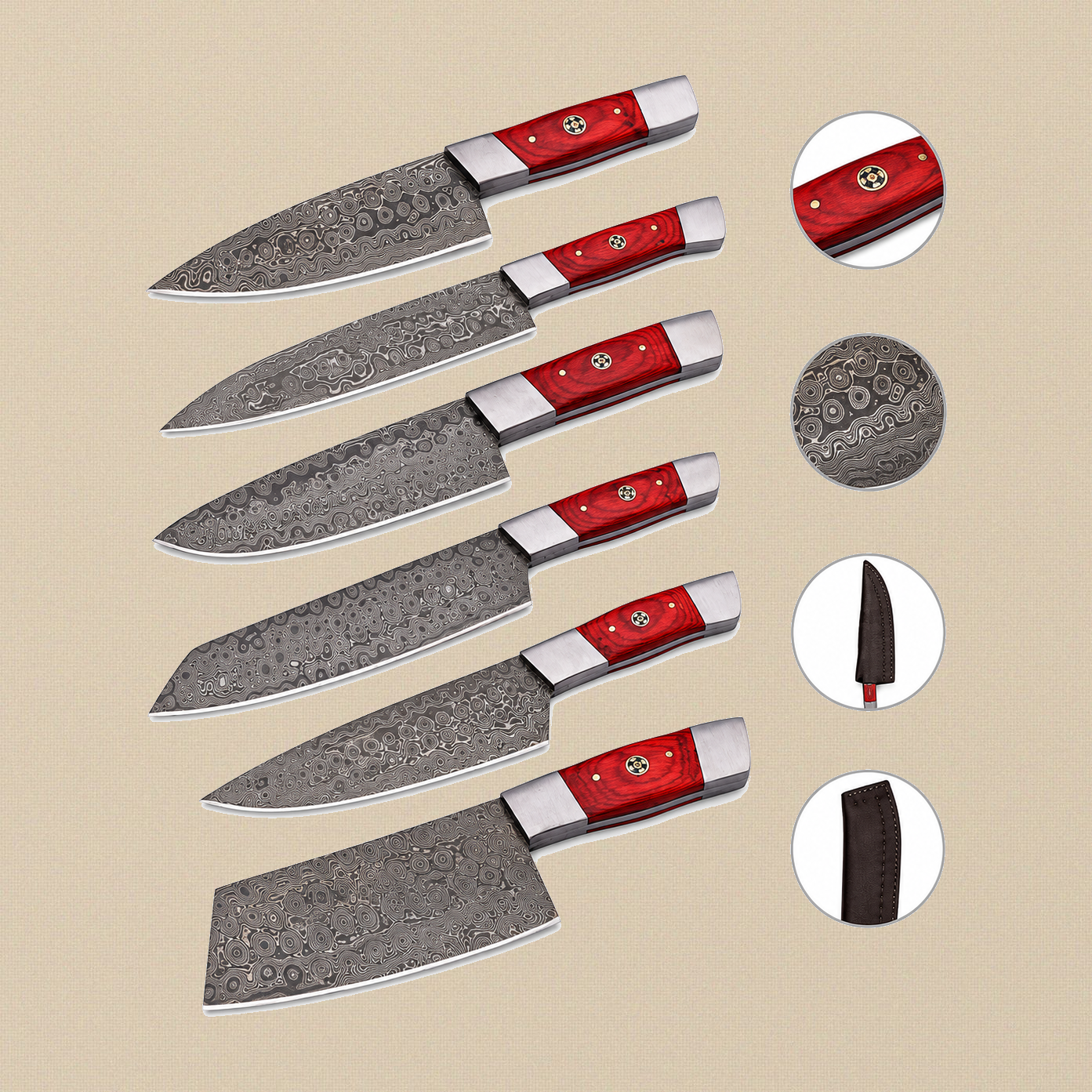 Six-Piece Chef's Knife Set in Raindrop Damascus Steel with Red Pakkawood Handles | Kitchen Knife Set | Toolsmith Ltd UK