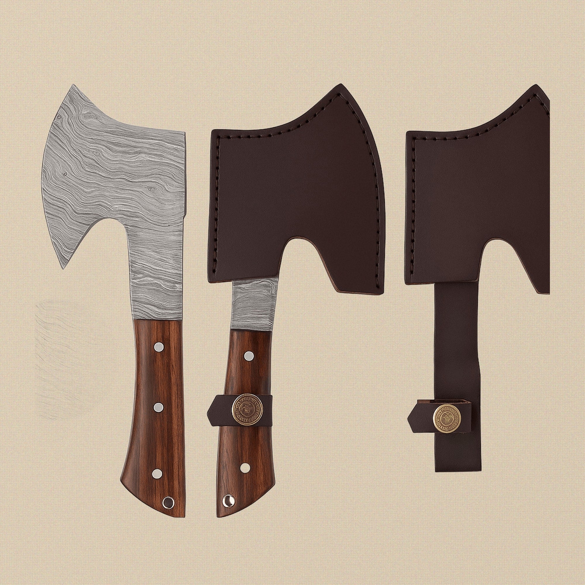 Damascus Steel Hatchet, 9-inch, with Wood and Brass Handle and Leather Sheath | Hatchets & Axes | Toolsmith Ltd UK