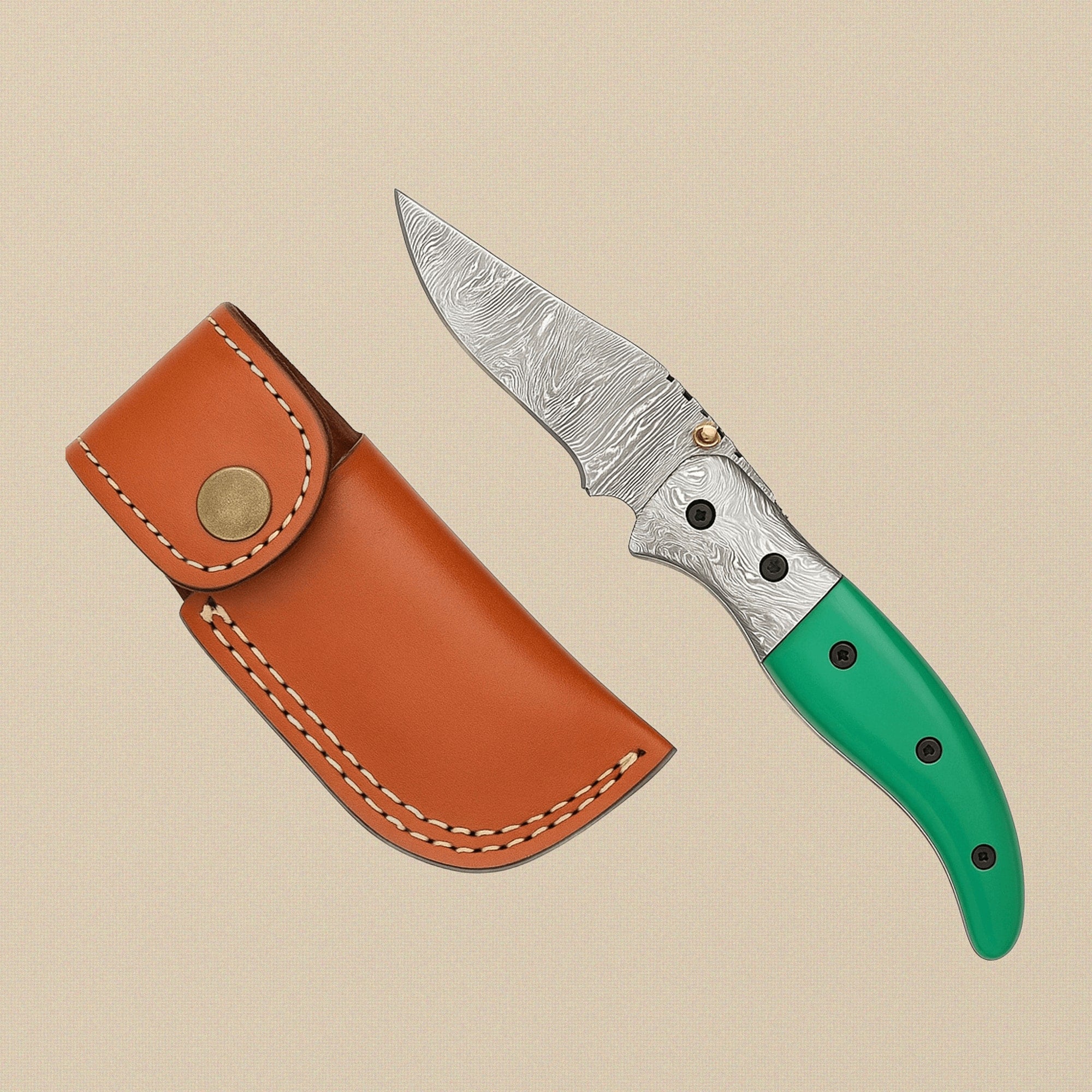 Damascus Steel Folding Knife, 86mm Fire-Pattern Blade, with Green Camel Bone Handle and Sheath | Folding Knife | Toolsmith Ltd UK