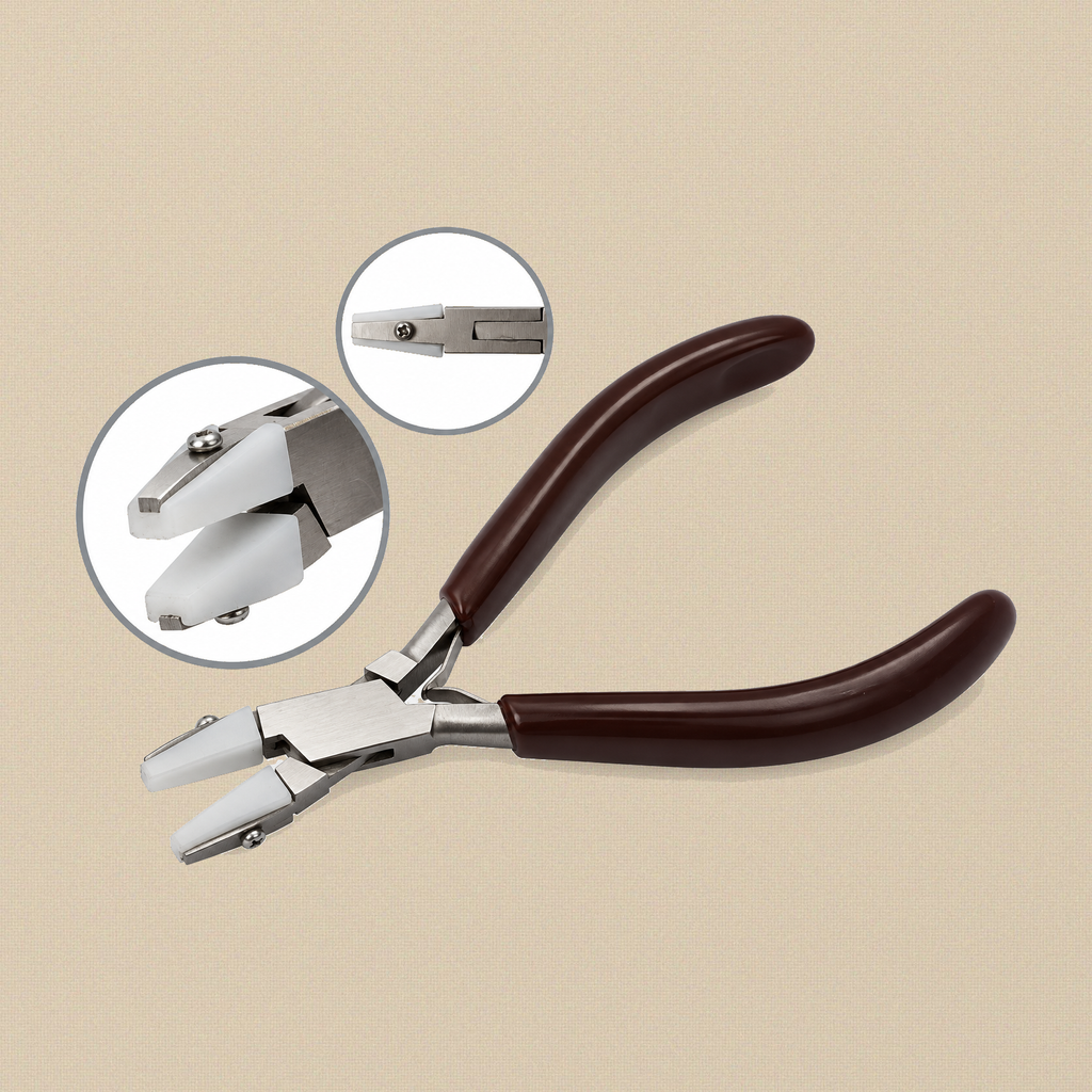 Ergonomic comfort smooth nylon chain nose pliers, 5.5 inch, dark red PVC grips, with two inset close-ups of the nylon jaws