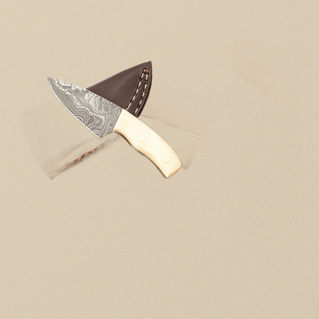 Miniature Damascus Skinner Knife, 76mm, Bone-Handled with Leather Sheath | Miniature Knife | Toolsmith Ltd UK