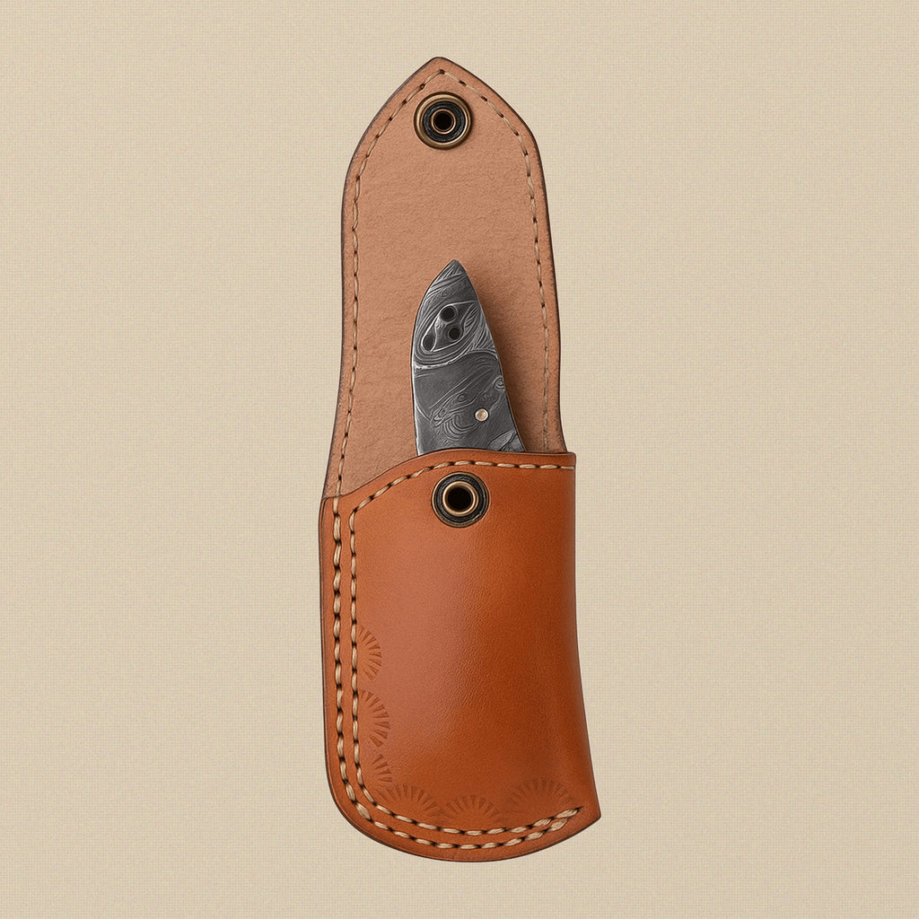 Damascus Steel Folding Knife (7.5") with Ram Horn Handle and Leather Sheath | Folding Knife | Toolsmith Ltd UK