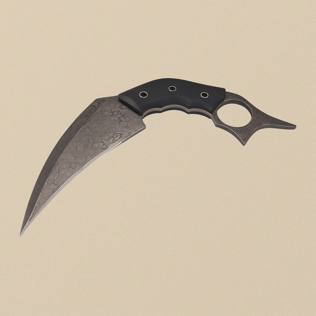 Hand-Forged Karambit Knife in Raindrop Damascus Steel with Black Micarta Handle | Knife | Toolsmith Ltd UK