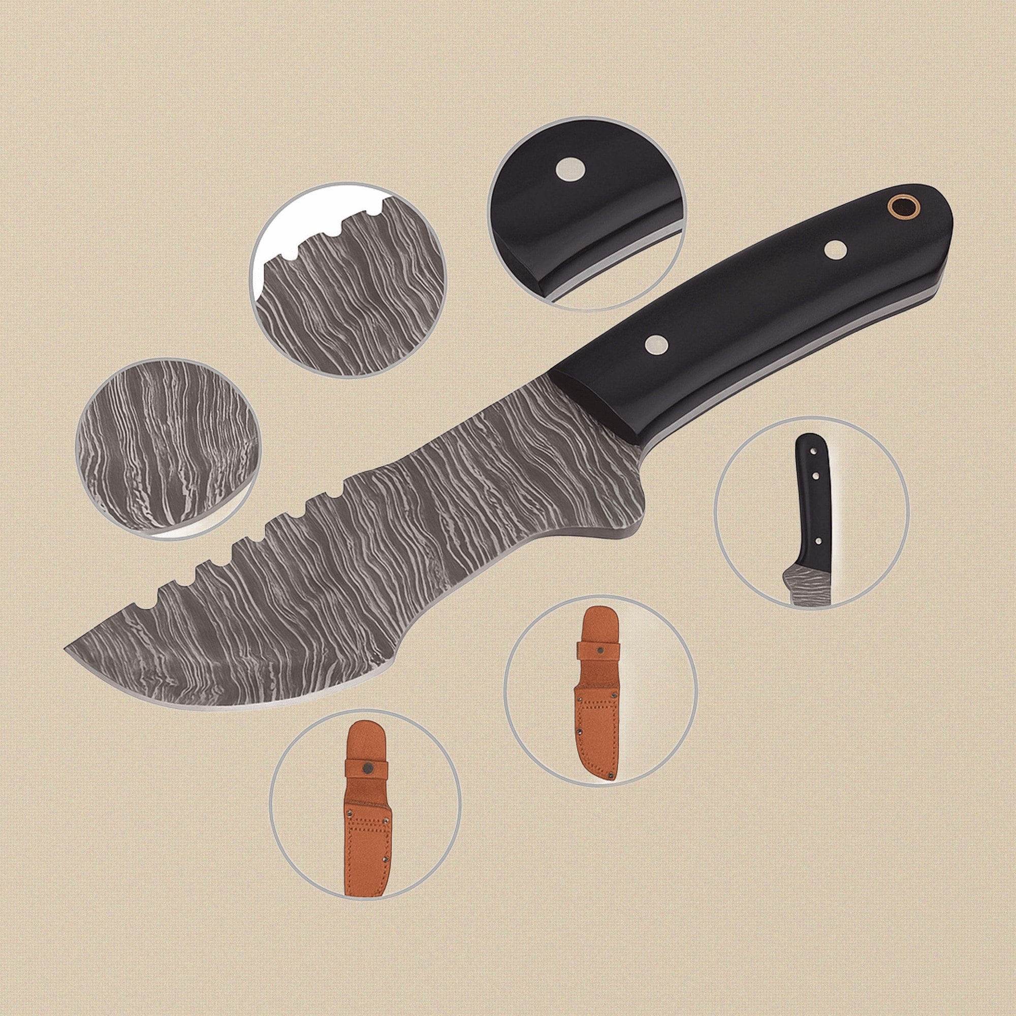 Damascus Steel Tracker Knife with 145 mm Blade, Buffalo Horn Handle and Leather Sheath | Tracker Knife | Toolsmith Ltd UK