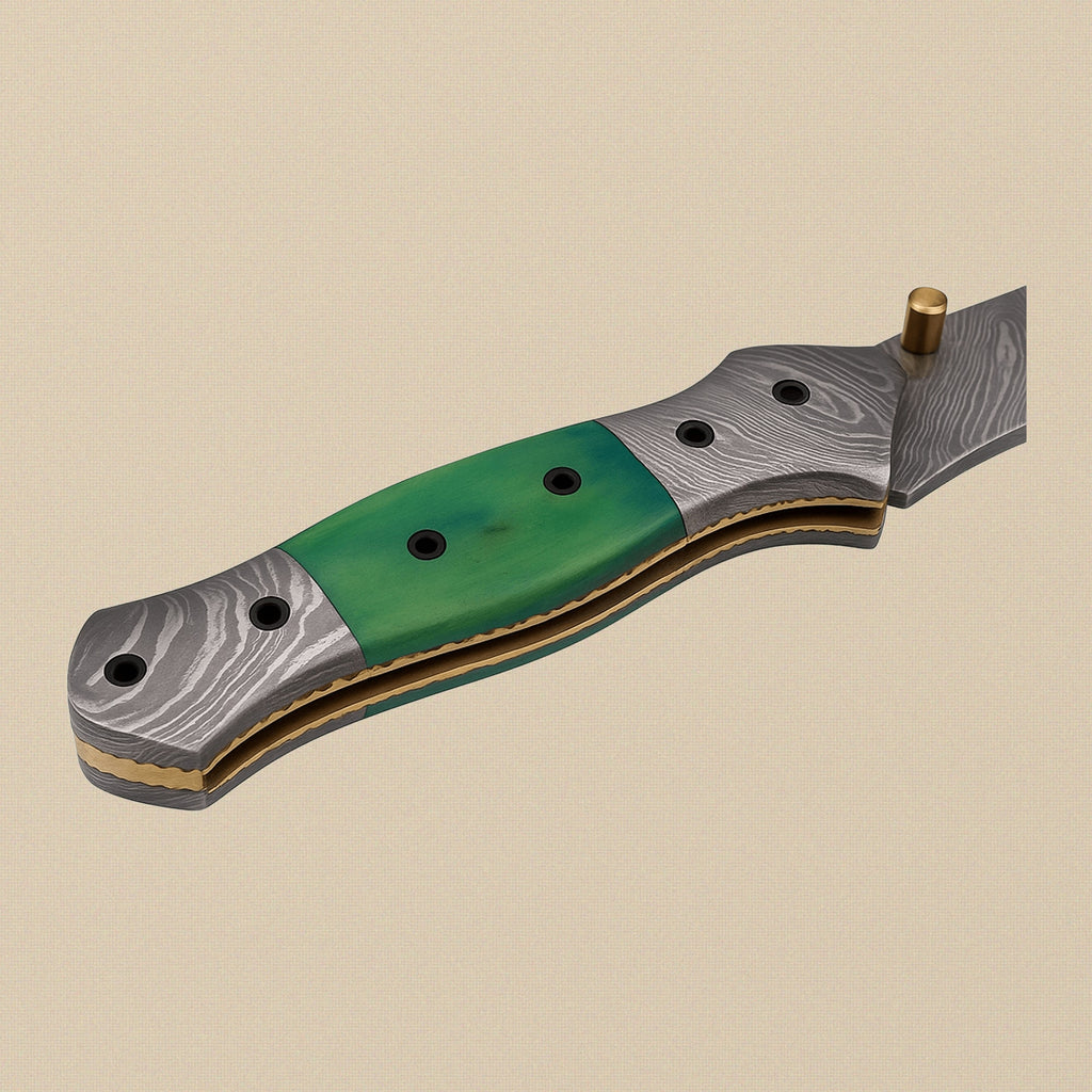 Damascus Steel Folding Knife with Green Camel Bone Handle and Leather Sheath, 7.5-inch | Folding Knife | Toolsmith Ltd UK