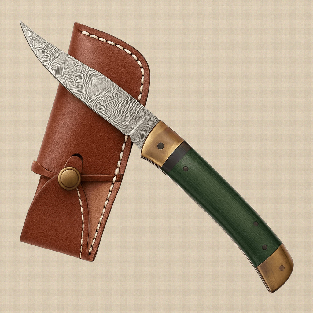 Damascus Steel Folding Utility Knife with Green Micarta Handle and Leather Sheath | Folding Knife | Toolsmith Ltd UK