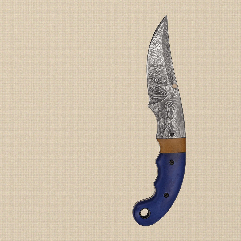 Damascus Steel Folding Knife with Blue Camel Bone Handle & Sheath, 7.5" (190mm) | Folding Knife | Toolsmith Ltd UK