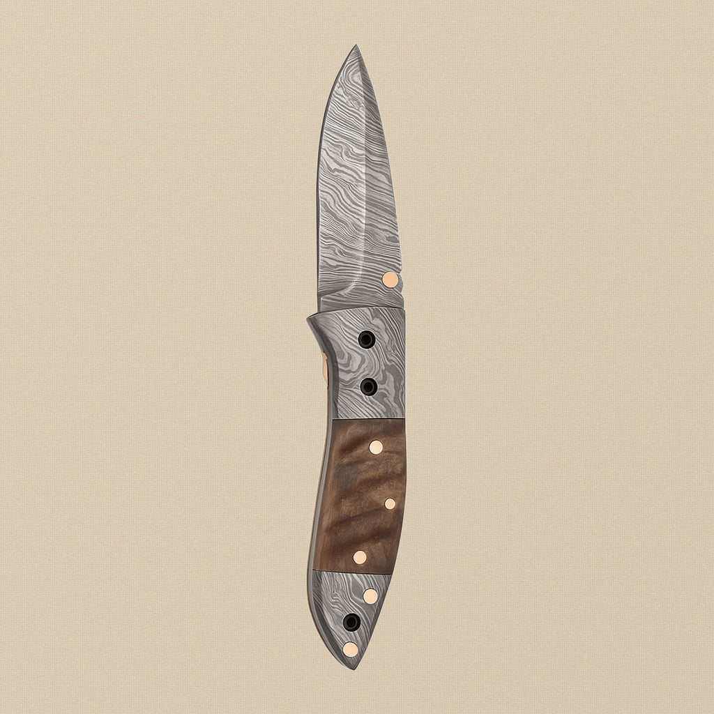 Damascus Steel Folding Knife (7.5") with Ram Horn Handle and Leather Sheath | Folding Knife | Toolsmith Ltd UK