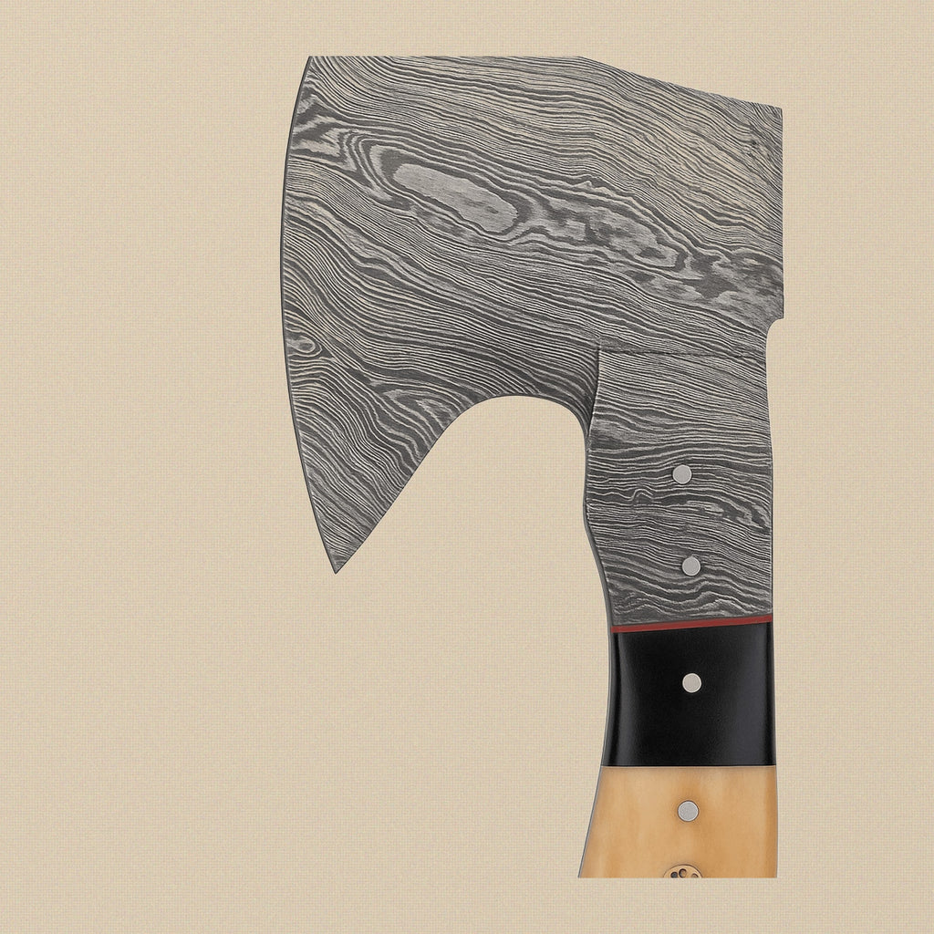 Damascus Steel Hatchet, 229 mm, with Bull Horn and Bone Handle and Leather Sheath | Hatchet | Toolsmith Ltd UK