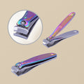 A pair of heavy-duty toe nail clippers with a rainbow iridescent titanium finish, shown on a white background.