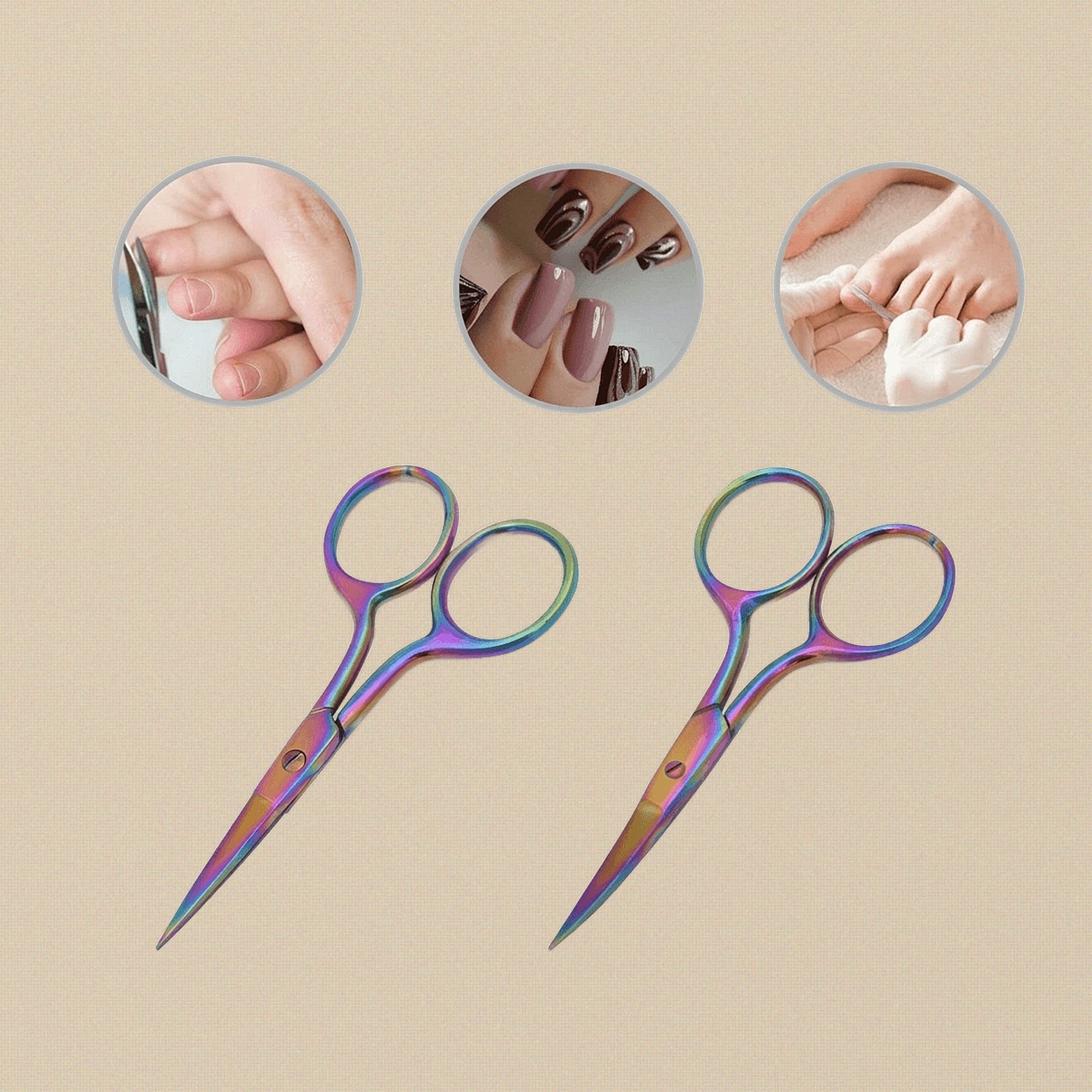 A pair of 3.5-inch precision manicure and craft scissors with a vibrant rainbow iridescent finish, shown against a white background.