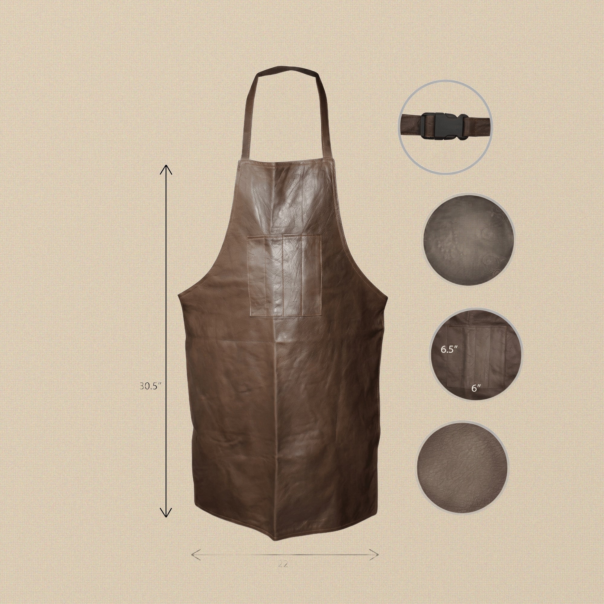 Front view of the dark brown sheepskin leather barber's apron, showing the chest pocket and adjustable straps.