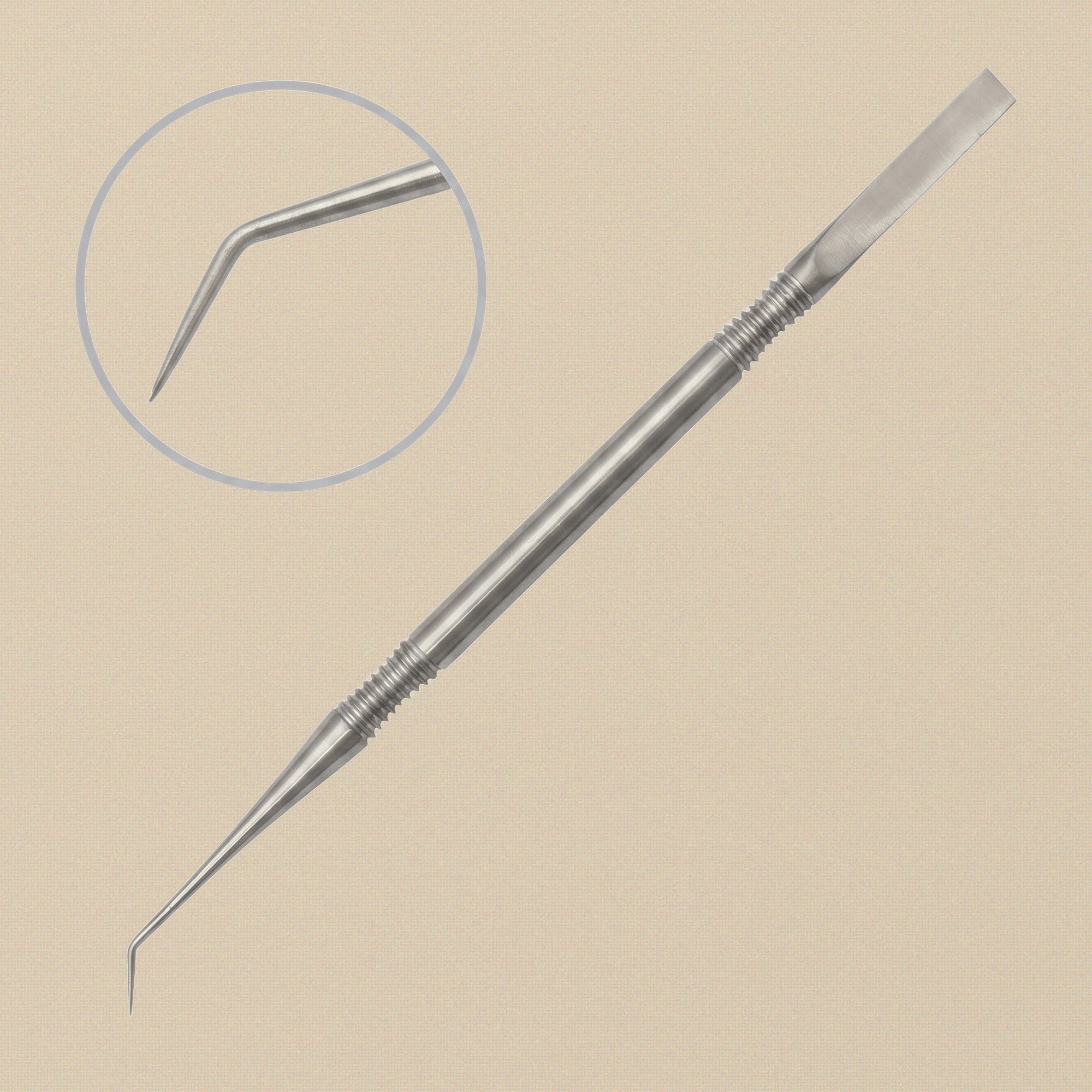 A slim, 145 mm stainless steel eyelash separating tool with a fine angled tip and a textured handle, shown on a white background.