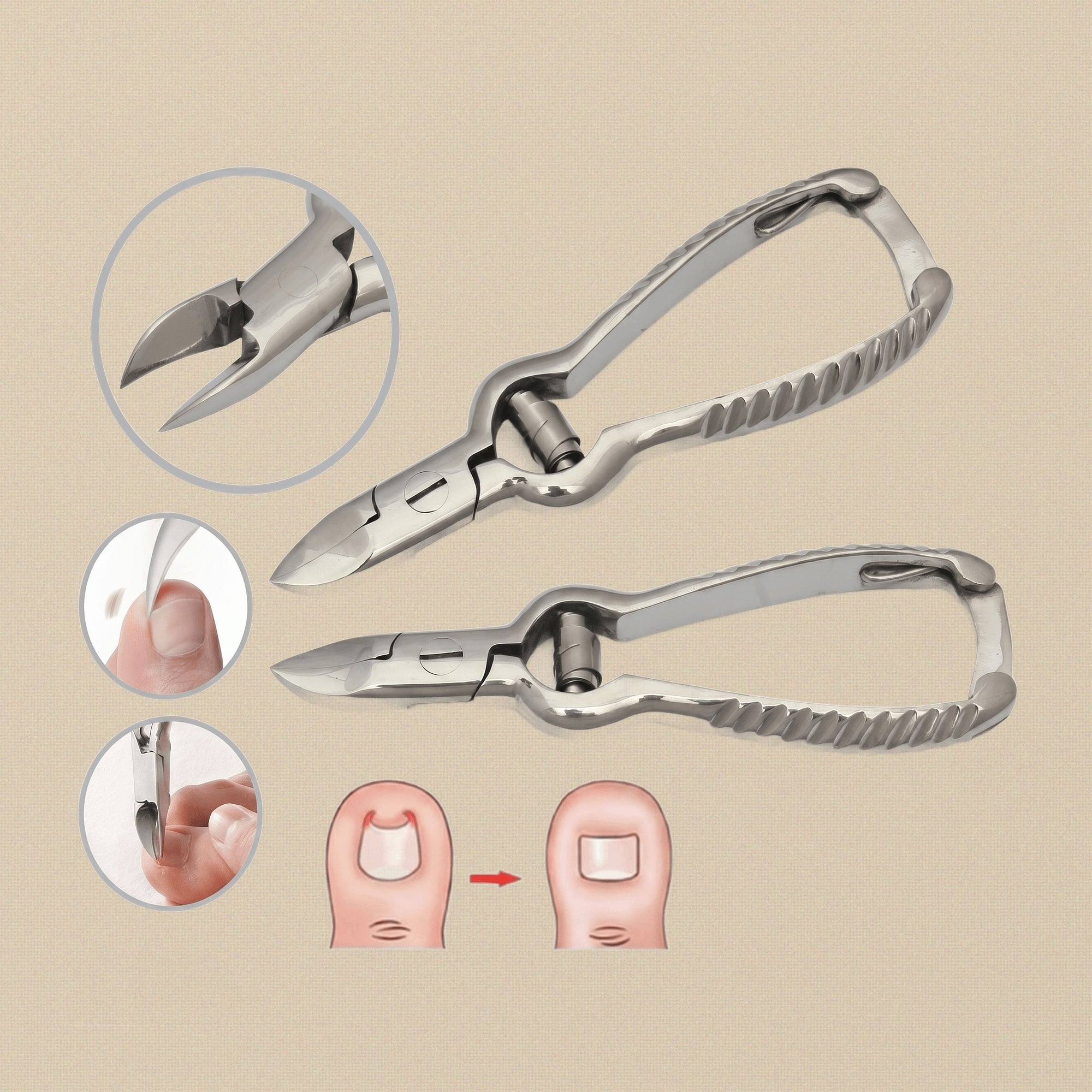 Podiatry toe nail nippers with barrel spring, shown closed from a three-quarter angle.