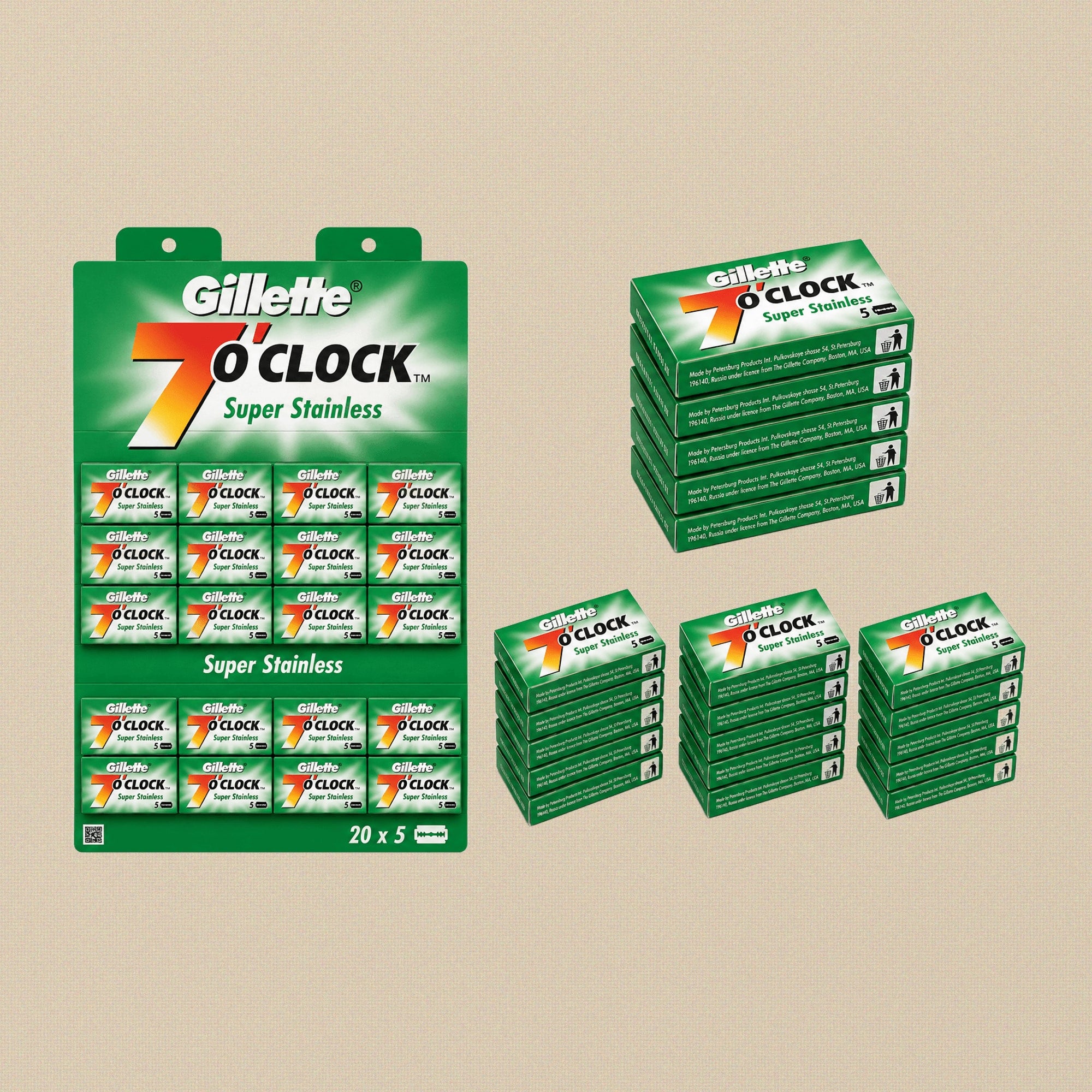 Pack of Gillette 7 O'Clock Super Stainless double-edge razor blades against a white background.