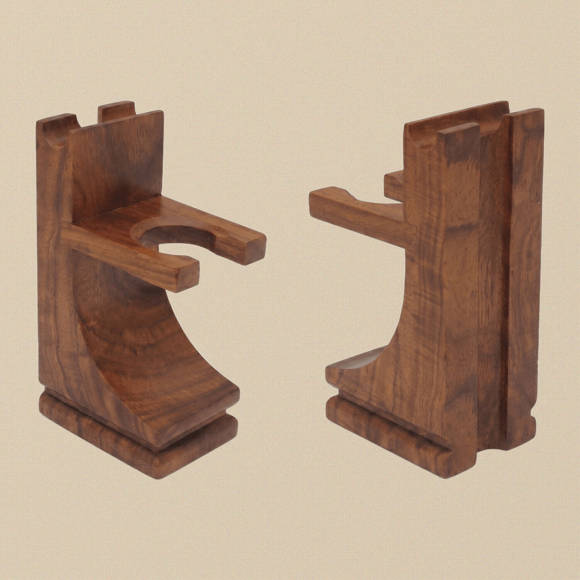 Walnut-finish rosewood stand for a shaving brush and razor, shown on a white background.