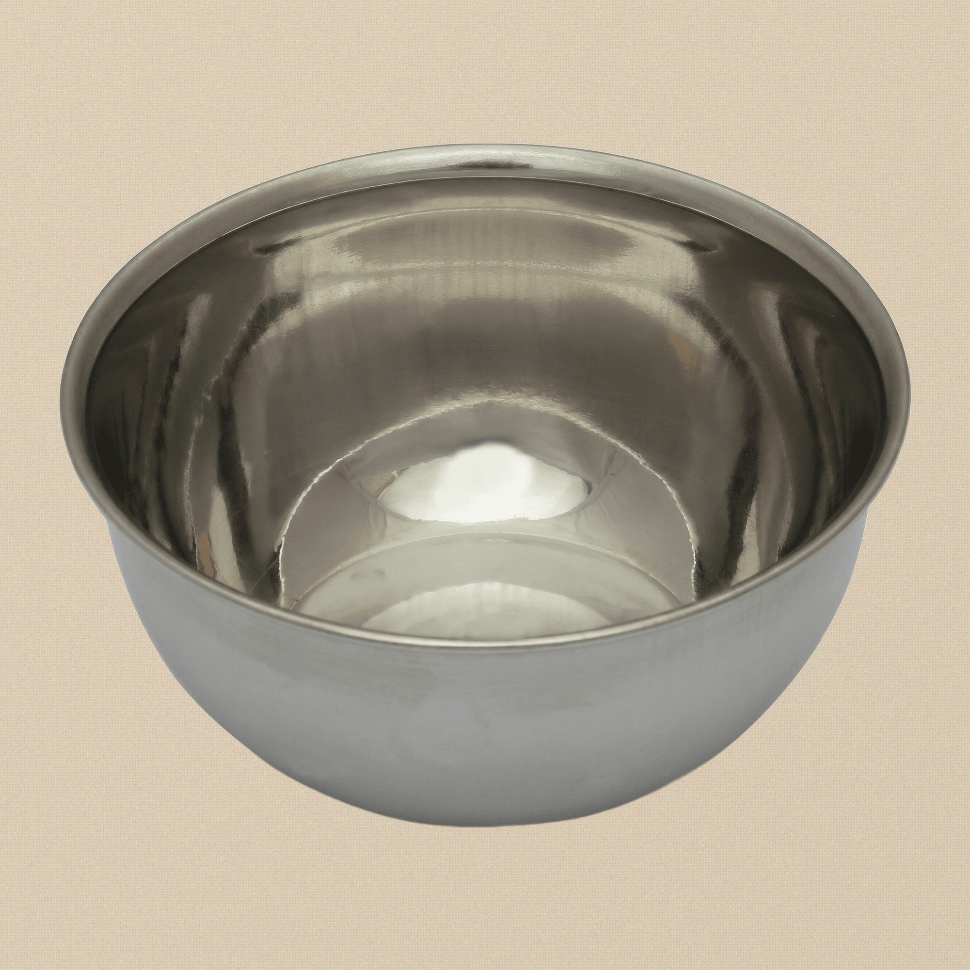 Polished double-walled stainless steel shaving bowl on a white background.