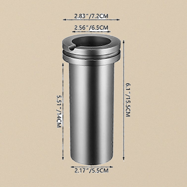 Graphite crucible dimensions: top ring 7.2 cm, mouth 6.5 cm, base 5.5 cm, body 14 cm, overall height 15.5 cm