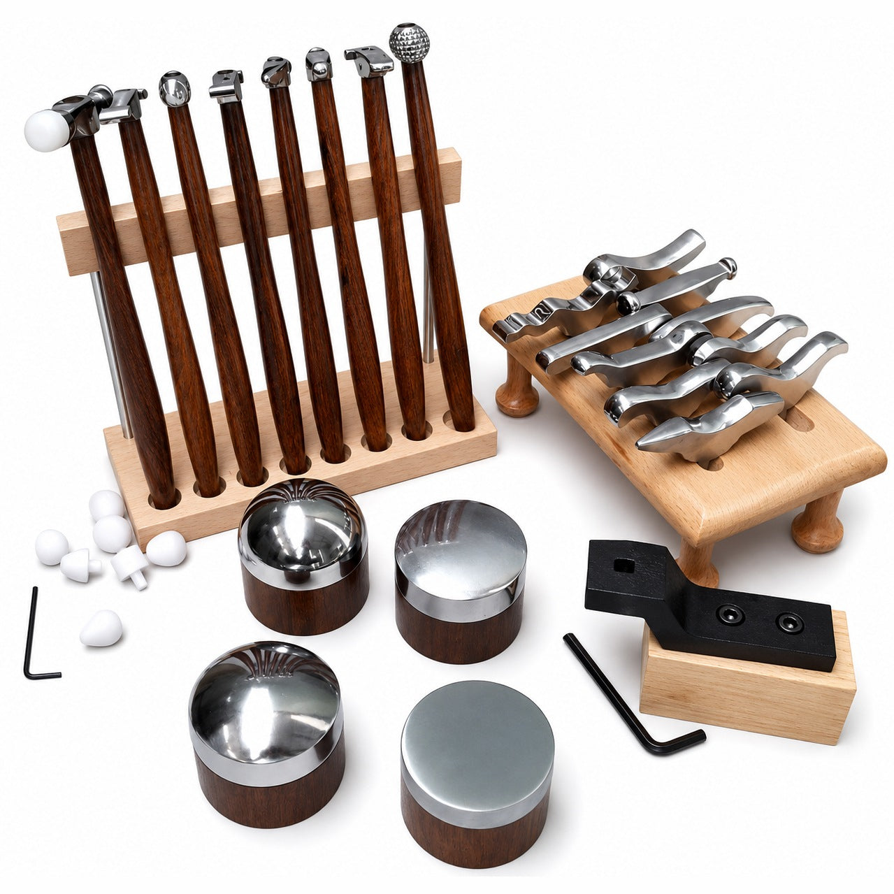 Side view of the 8 hardwood-handled texturing hammers arranged in their wooden benchtop stand.