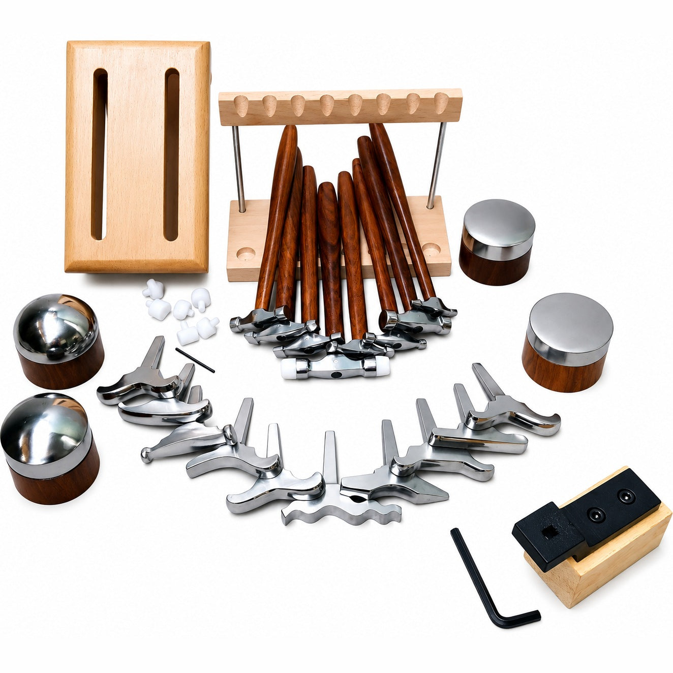 Complete 22-piece jewellery texturing and forming set, including 8 hammers, 14 stakes, and two wooden stands.