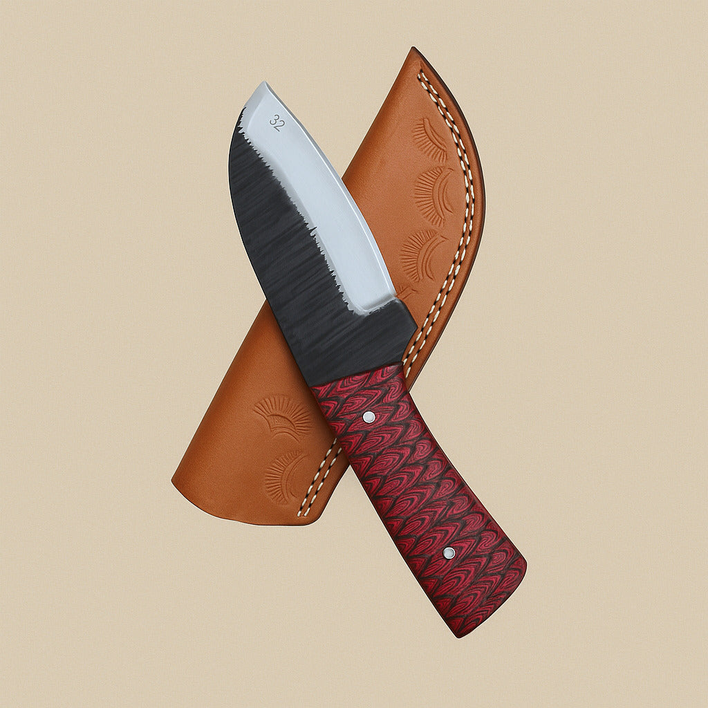 D2 steel skinner knife laid across its tooled tan leather sheath, showing the forged blade texture