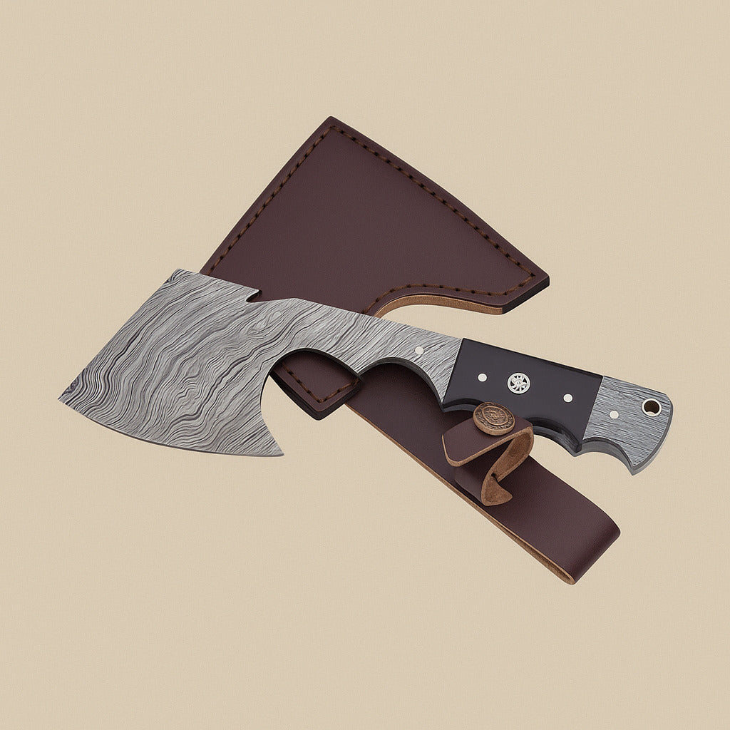 Damascus steel axe lying over its brown leather sheath, angled view of the patterned blade and pinned handle