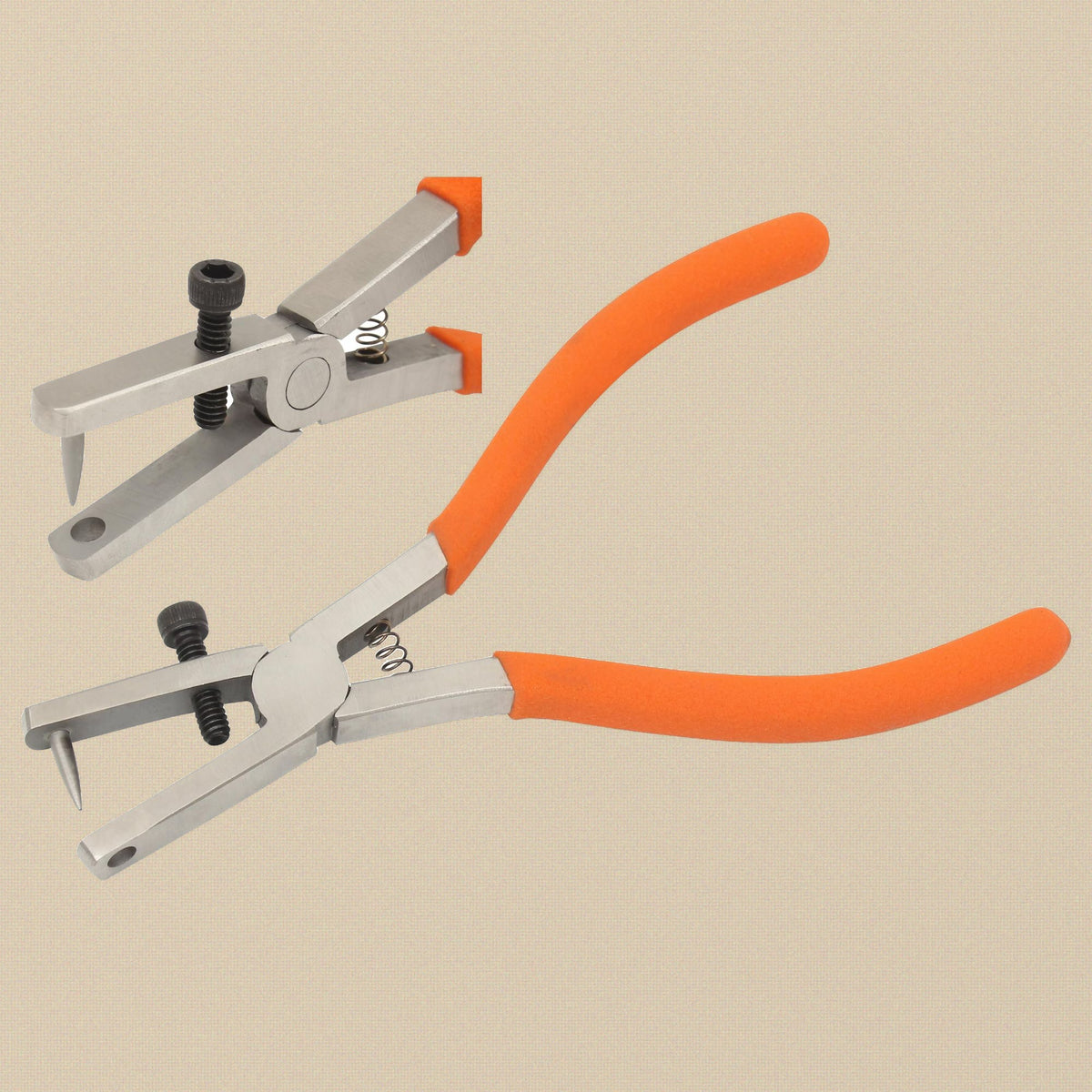 Needle hole punch pliers open, showing the punch pin and anvil