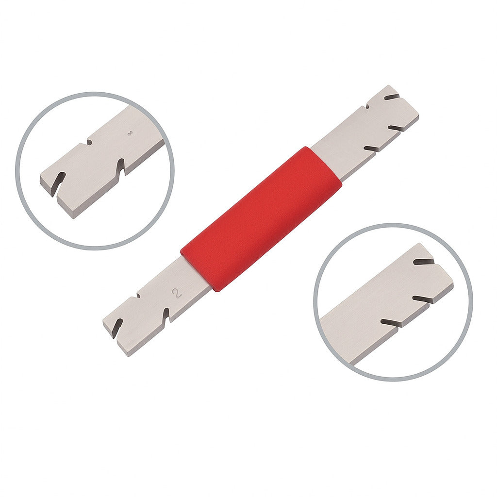 Jeweller's claw and bezel lifter, flat double-ended steel bar with a red grip and two inset close-ups of the grooved tips