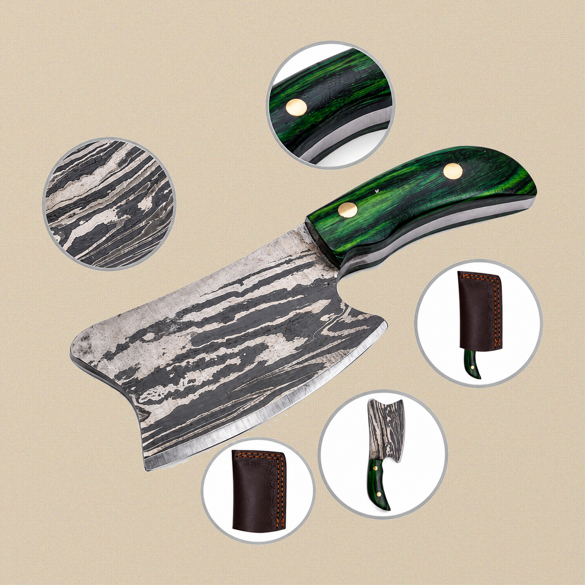 Miniature Damascus cleaver knife with green pakkawood handle and brass pins, with close-ups of the blade pattern, handle and leather sheath