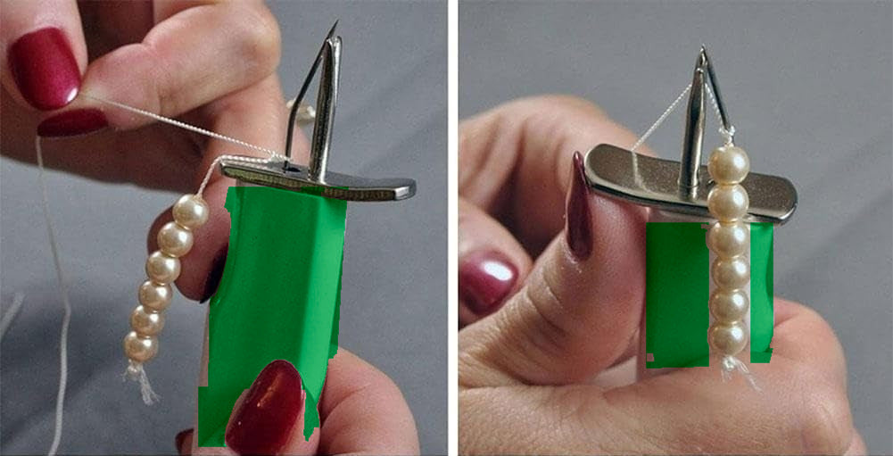 Green beading knotting tool in use: two views of hands knotting a strand of pearls on its forked tip