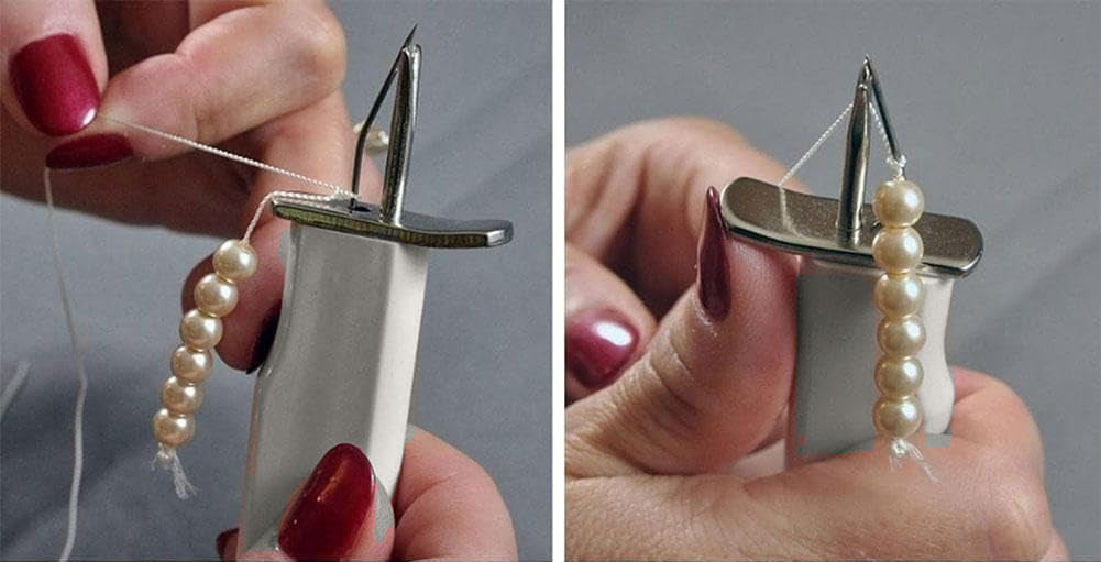 Grey beading knotting tool in use: two views of hands knotting a strand of pearls on its forked tip