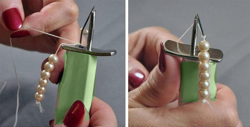 Light green beading knotting tool in use: two views of hands knotting a strand of pearls on its forked tip
