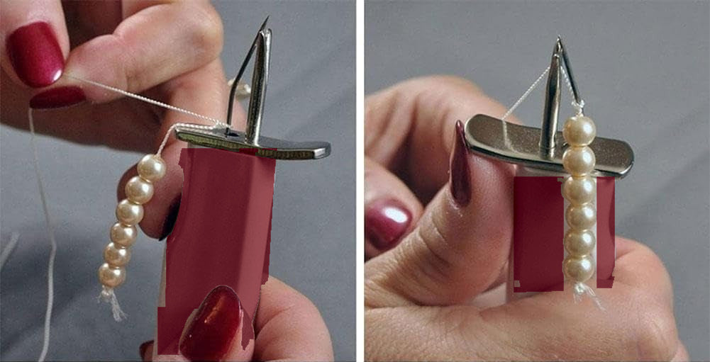 Maroon beading knotting tool in use: two views of hands knotting a strand of pearls on its forked tip