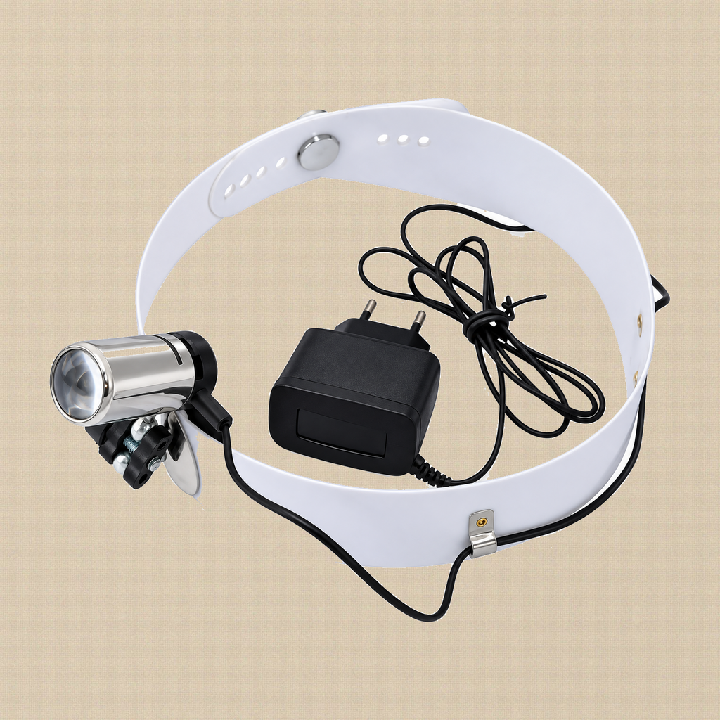 Head lamp, headband and charger with EU two-pin plug, seen from above