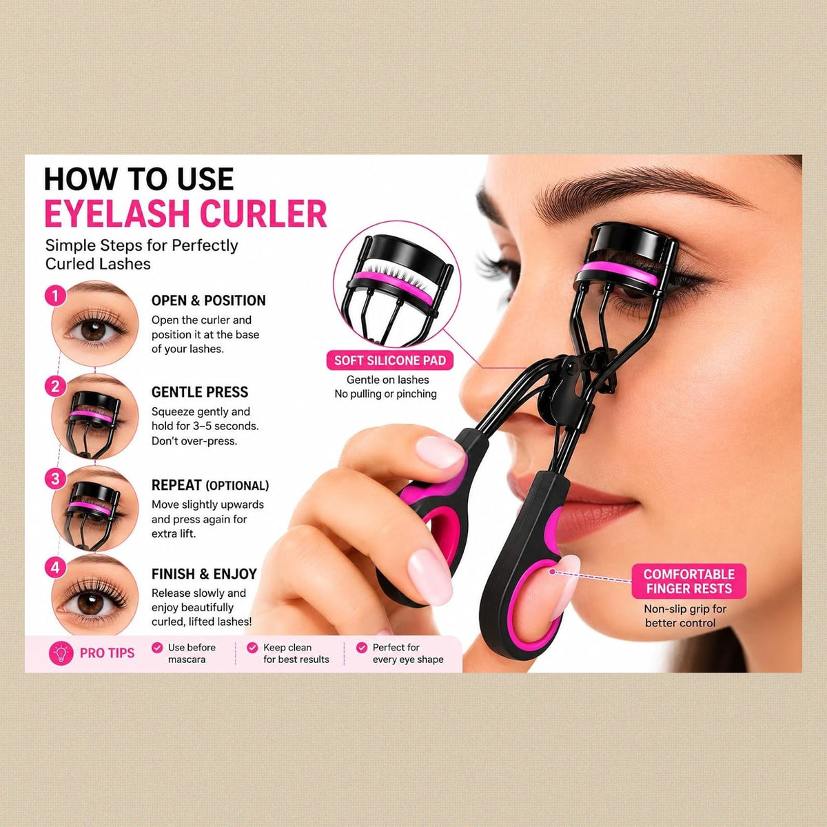 Eyelash Curler with Soft Rubber Grip and Finger Rest, Pink and Black, Lash Curling Tool | Beauty & Nail Tools | Toolsmith Ltd UK