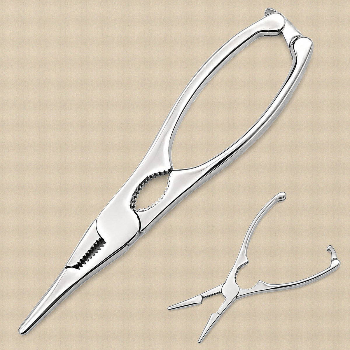 Seafood lobster shears with tong ends, closed view with a smaller inset showing the shears opened