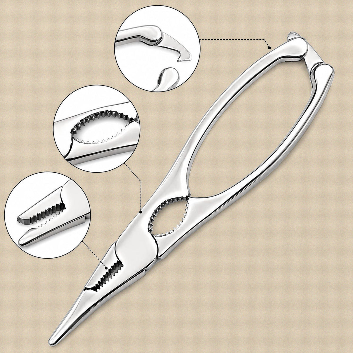 Seafood lobster shears with three inset close-ups of the hooked tong ends, serrated cracking jaw and toothed tips