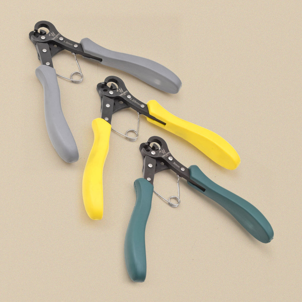 The three one-step looper pliers from the other side, black heads etched 1.5mm, 2.25mm and 3mm, with grey, yellow and green grips