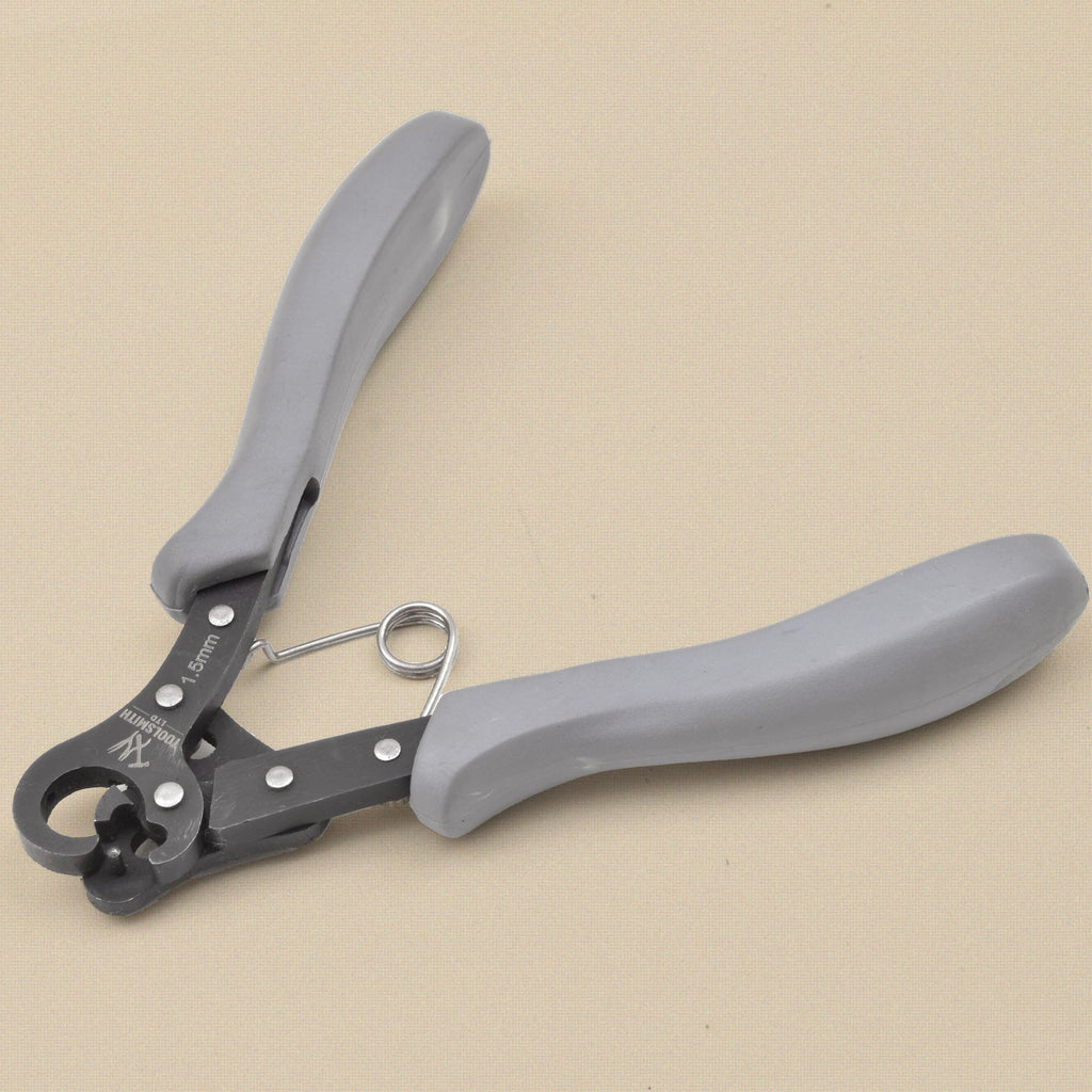 One step looper pliers, 1.5 mm, grey grips, seen from the other side with the looping head at lower left