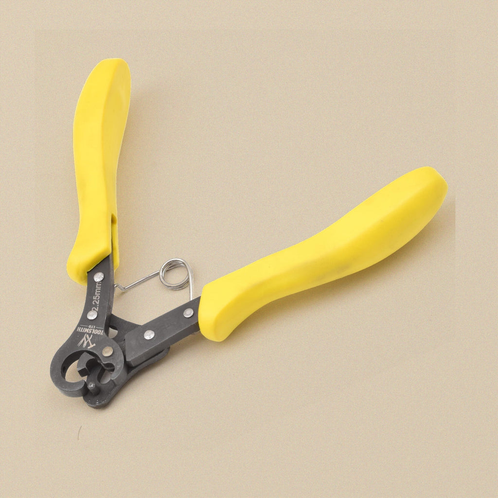 One step looper pliers with black head marked '2.25mm', yellow grips and a coil spring, looping head at lower left