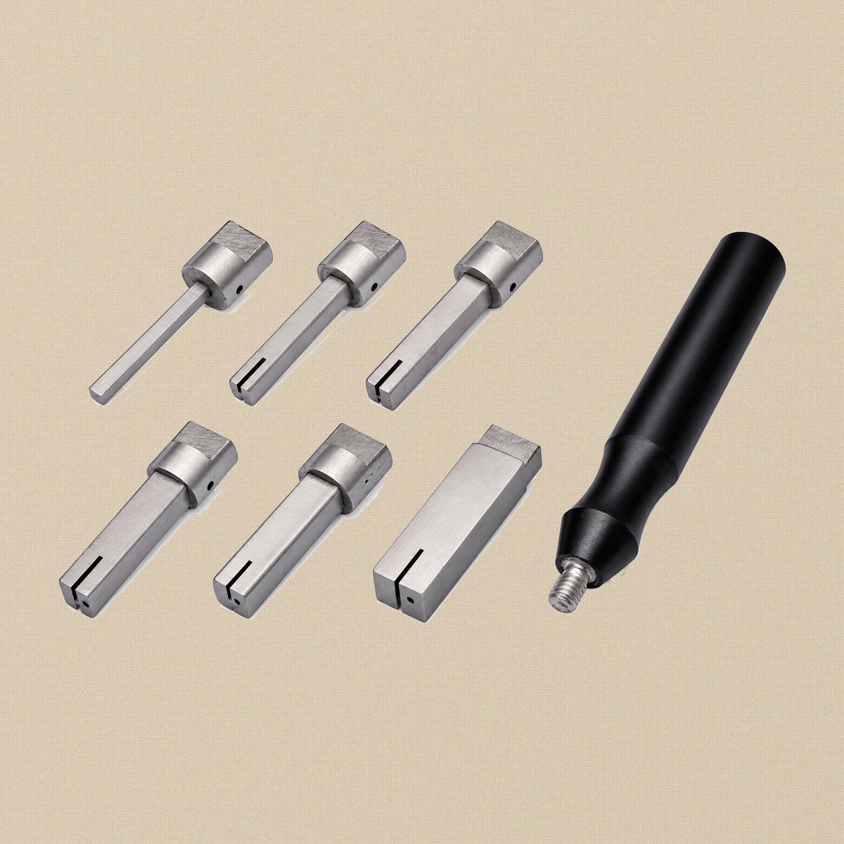 Mini square mandrel set: six square steel mandrels from small to large beside the black screw-on handle