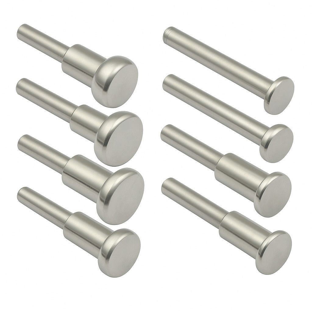 Micro forming set, the 8 polished wheel stakes laid out in two columns, each with a small stamped logo on the shank