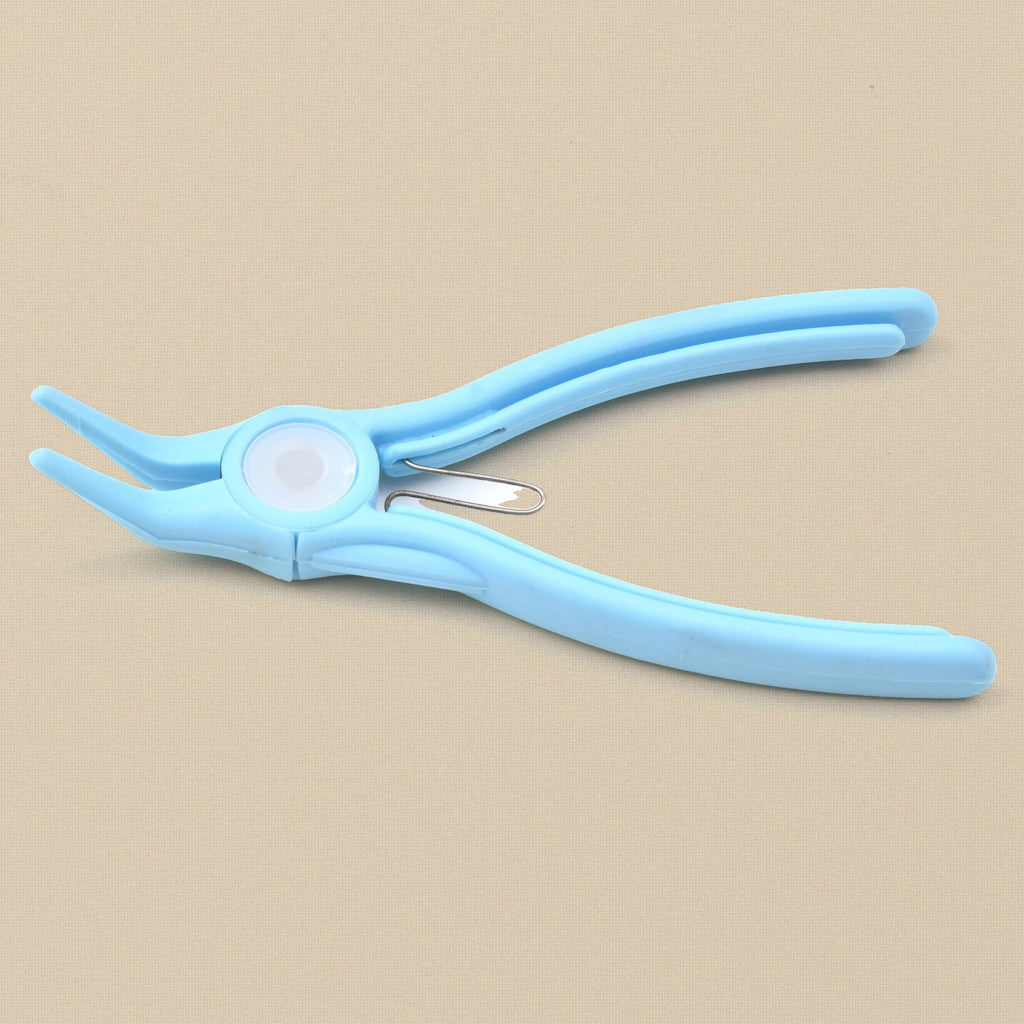 Light blue plastic bent chain nose pliers from the side, showing the nylon jaw