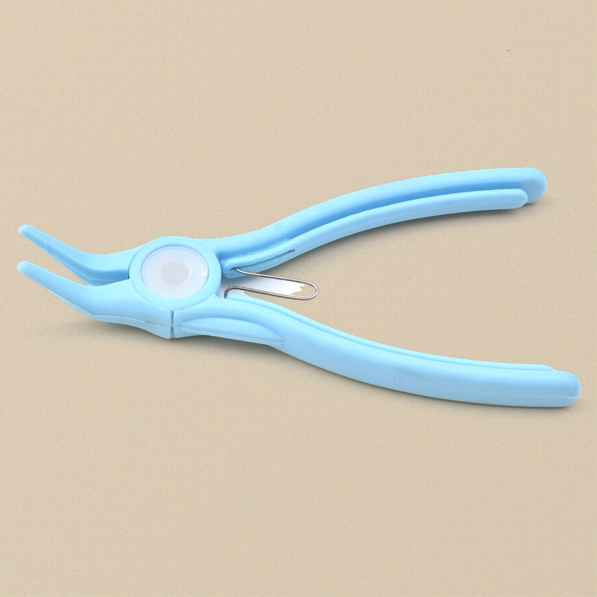 Light blue plastic bent chain nose pliers from the side, showing the nylon jaw