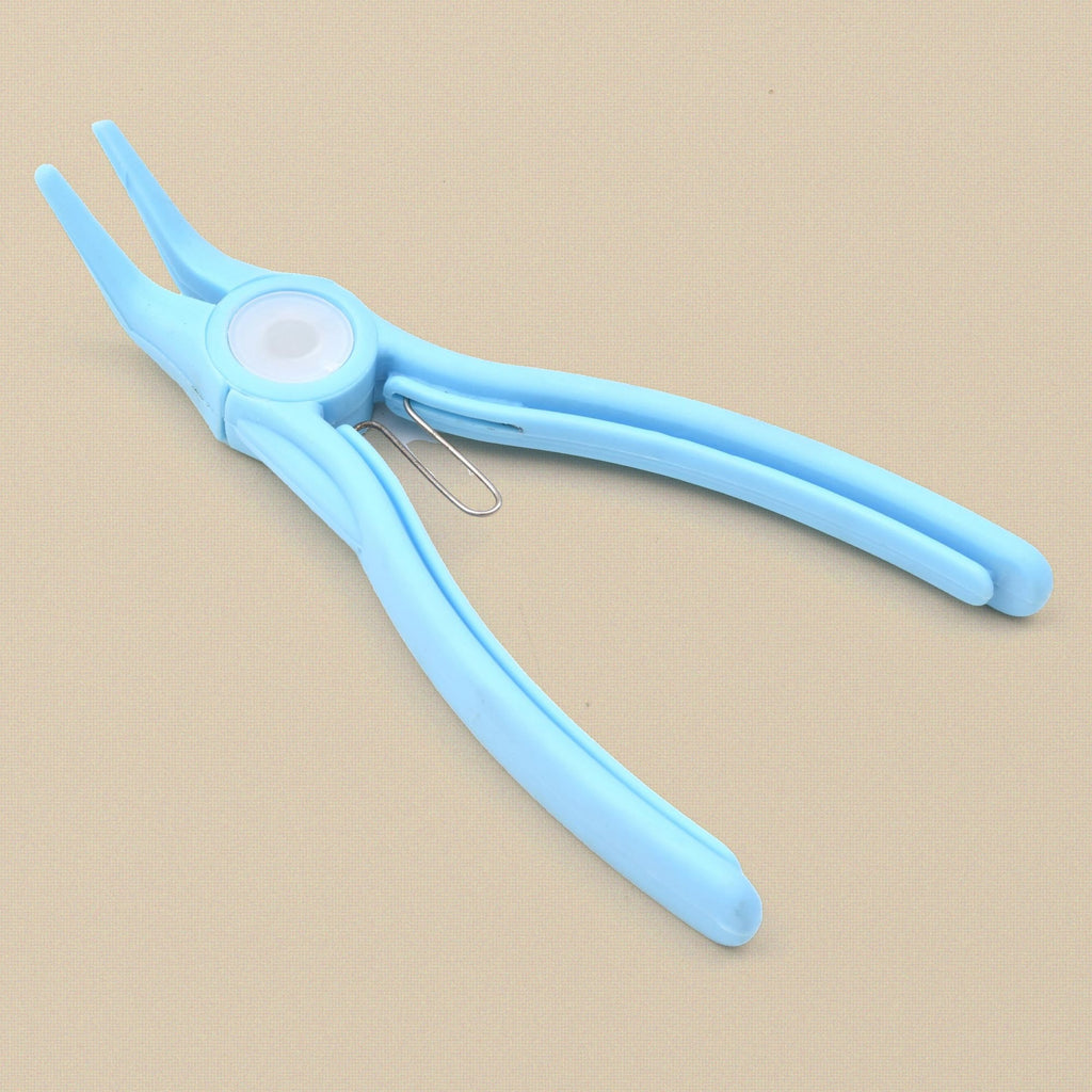 Light blue plastic bent chain nose pliers at an angle