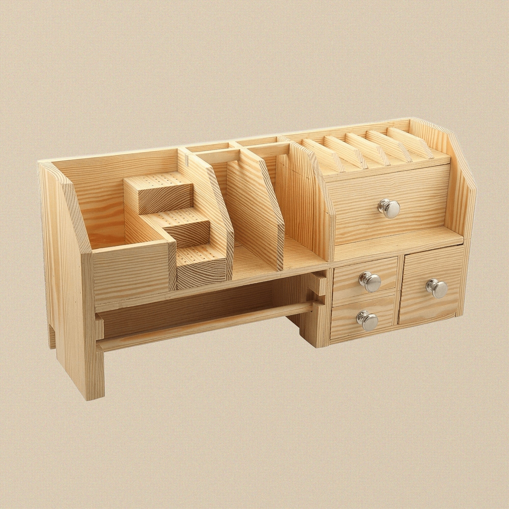 Wooden bench top organiser for jewellery tools, showing four drawers and top-tier tool slots.