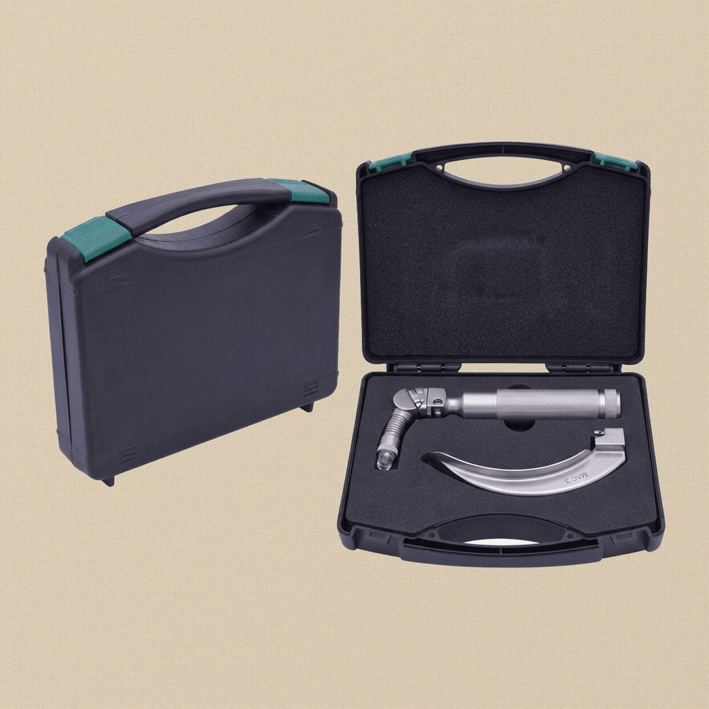 The laryngoscope handle and detached No. 3 blade shown side-by-side.