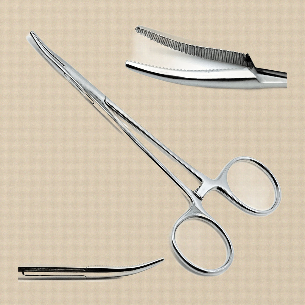Curved mosquito locking forceps, 12.5 cm, shown closed in profile against a white background.