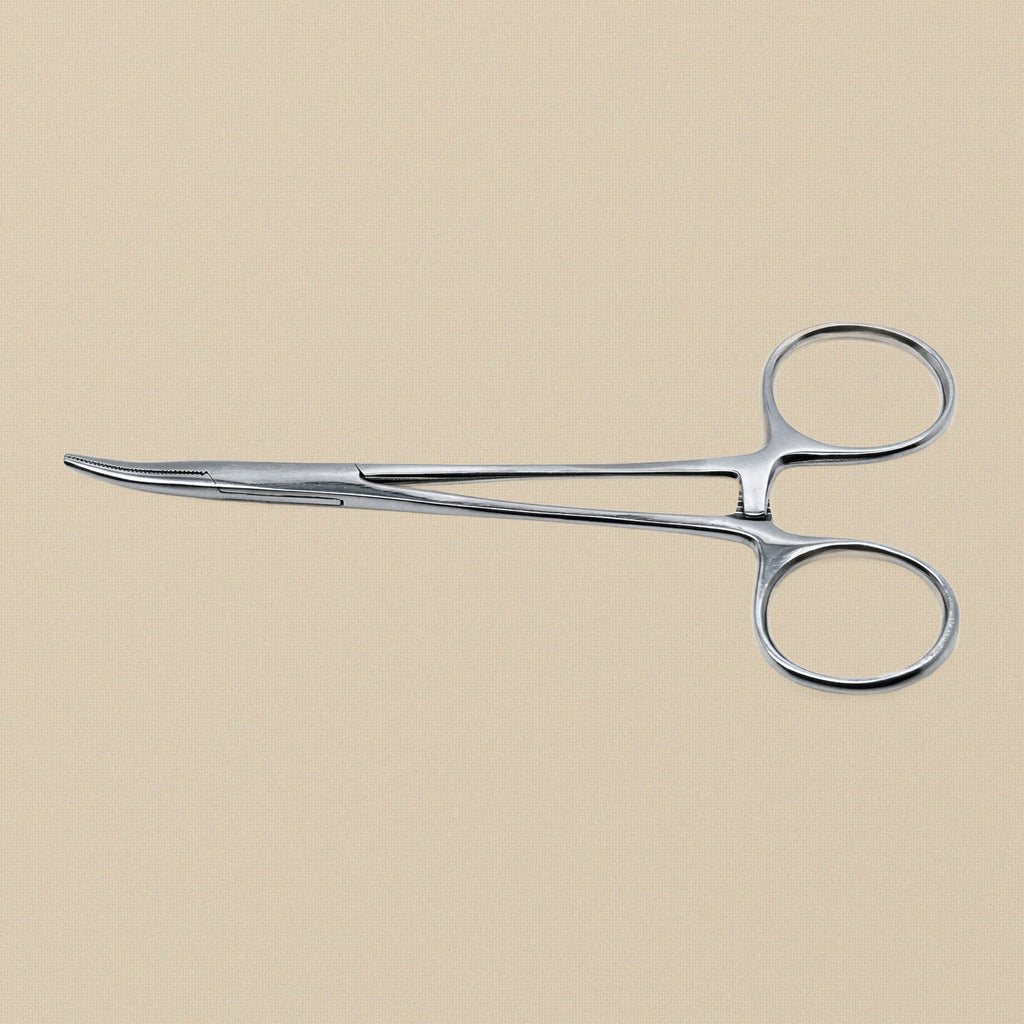 Detail of the fine, curved jaws and locking ratchet mechanism on the 12.5 cm mosquito forceps.
