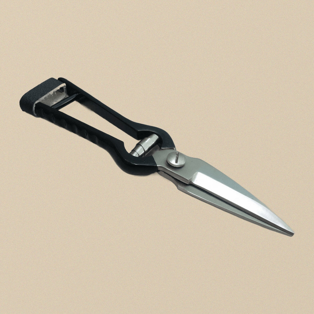 A pair of stainless steel sheep hoof trimming shears with black loop handles, shown closed.